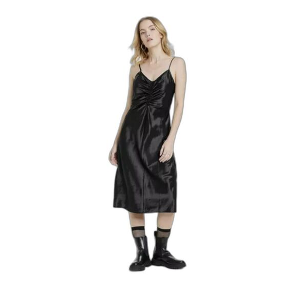 11 Women's A New Day Black Spaghetti Straps Midi Satin Ruched Slip Dress - Picture 1 of 5